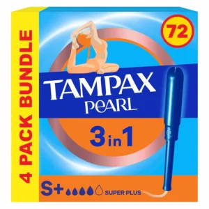 Tampax Pearl Super Plus tampons with applicator in an 18-count pack, offering comfortable MotionFit protection and Leakguard Braid for backup.
