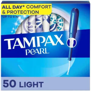 This is a box of 50 Tampax Pearl unscented tampons with Leakguard Braid for up to 4 months of protection.