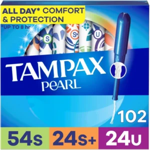 Three packs of Tampax Pearl tampons in super, super plus, and ultra absorbencies provide up to 100% leak and odor-free protection for up to eight hours, featuring a LeakGuard Braid and FormFit design for comfortable, discreet use and easy insertion with an anti-slip grip.