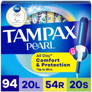 Tampax Pearl tampons multipack with light, regular, and super absorbencies and LeakGuard Braid, gynecologist-recommended for up to 8 hours of comfort and protection.