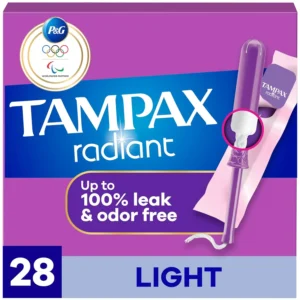 Three packs of Tampax Radiant Light Absorbency tampons, offering leak and odor-free protection with a BPA-free plastic applicator and LeakGuard Braid.