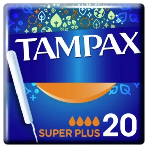 A pack of 20 Tampax Super Plus tampons with cardboard applicators, offering long-lasting protection and an anti-slip grip for easy insertion.