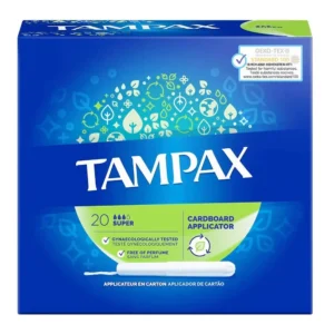 This is a box of Tampax Super tampons with a cardboard applicator, offering reliable leak protection and discreetness for lasting period protection.