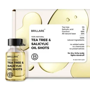 Brillare tea tree hair oil with salicylic acid and coconut treats dandruff, reduces itchy scalp, and controls excess oil.