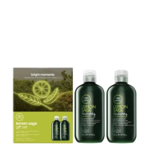 Tea Tree Lemon Sage volumizing duo gift set in a box with neon light illustrations, a feel-good set for fuller hair.