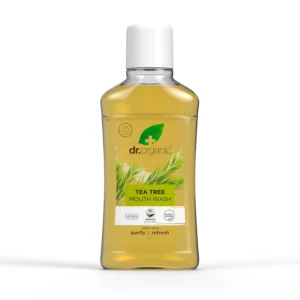 A bottle of Dr. Organic Tea Tree Mouthwash, providing natural oral hygiene with tea tree oil in a 500ml size.