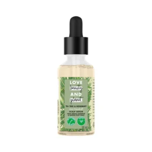 Love Beauty and Planet tea tree and rosemary scalp serum bottle, a lightweight, plant-based vegan formula to reduce dandruff, oiliness, and itchiness, used for overnight treatment.