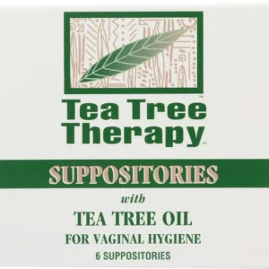 Six Tea Tree Therapy vaginal suppositories with tea tree oil for feminine hygiene and relief.