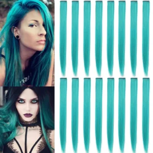 Sixteen teal clip in hair extensions made of heat-resistant synthetic fiber for adding colorful highlights to any hairstyle.