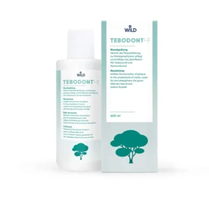Tebodont tea tree flavored mouthwash for adults, offering fluoride protection against cavities and helps with gum irritation.