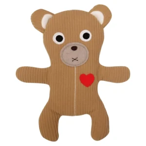 Brown teddy bear heating pad filled with buckwheat and lavender, perfect for microwaving and relieving cramps, aches, and anxiety.
