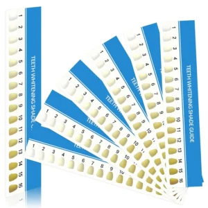 This set of 50 teeth shade guides with 16 colors helps monitor teeth whitening progress for dentists and home use.