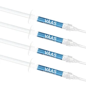 This image shows a set of four minty teeth whitening gel syringes with 35% carbamide peroxide, designed for use with teeth whitening trays to remove stains and brighten your smile.