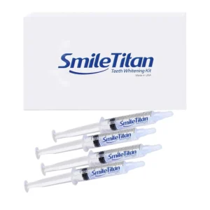 Four syringes of 44% carbamide peroxide teeth whitening gel refill for use with whitening trays, offering safe and powerful stain removal for a brighter smile in 7 days.
