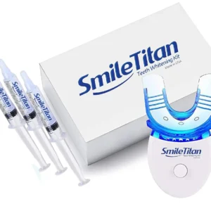 Smile Titan teeth whitening kit with LED light and carbamide peroxide gel effectively removes stains from coffee, smoking, wine, and food for a brighter smile in just 7 days.