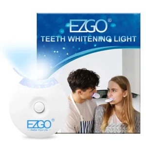 The EZGO teeth whitening LED light accelerates whitening gel and strips for a brighter smile, featuring five powerful bulbs and a built-in timer.