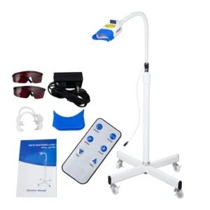 Mobile teeth whitening machine with blue, red, and purple LED light for professional dental bleaching, comes with remote control and accessories.