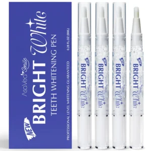 Four teeth whitening pens in packaging promise a beautiful white smile with minty freshness and no sensitivity, perfect for removing years of stains from coffee, tea, or smoking, and travel-friendly.