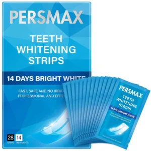 Close-up of PERSMAX teeth whitening strips being applied to teeth for a brighter smile in 14 days, formulated to be gentle on sensitive teeth and enamel.