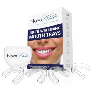 Four moldable teeth whitening trays and a hygienic case provide a comfortable, custom fit for effective at-home tooth whitening treatments.
