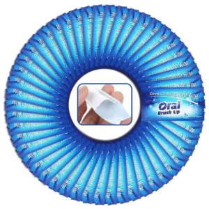 Individually wrapped disposable finger teeth wipes with mint flavor for cleaning teeth after eating, during travel or after coffee.