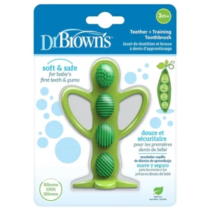 Dr. Brown's Peapod teether and training toothbrush, made of soft silicone, is designed to soothe sore gums and help babies maintain good oral hygiene.