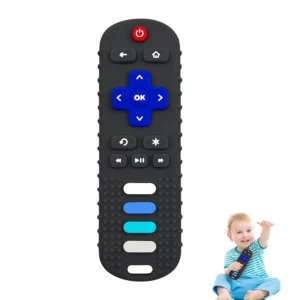 Baby is chewing on a blue silicone teething toy shaped like a TV remote control with different textures, designed to soothe sore gums and provide early sensory exploration.