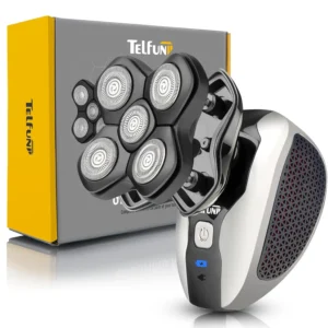 The Telfun 5-in-1 electric head shaver and grooming kit for bald men features an upgraded magnetic shaving head, hair trimmer, nose hair trimmer, cleansing brush, and sideburn trimmer.
