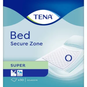 Pack of 30 Tena Bed Super incontinence pads, each measuring 60x60cm, for hygienic protection of beds and chairs against accidental leaks.