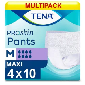 Four packs of Tena Pants Maxi Medium, providing maximum absorbency and secure protection for comfortable and discreet incontinence management.