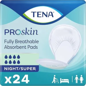 TENA ProSkin Night Super Absorbent Pads provide heavy incontinence protection and feature a dry fast core for skin dryness and ConfioAir breathable technology.
