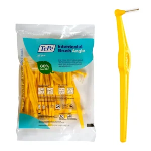 A yellow TePe Angle interdental brush with a long handle and pre-angled head for cleaning between teeth is displayed in a pack of 25.
