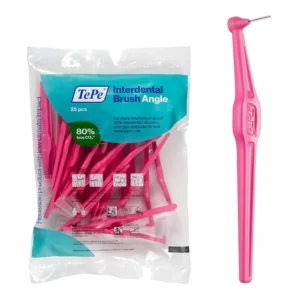 This image shows a pack of TePe Angle interdental brushes in pink, designed for cleaning between teeth and around braces, implants, crowns, and bridges to remove plaque.