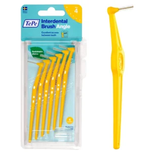 Six yellow TePe Angle interdental brushes with handles, designed for cleaning between teeth and maintaining healthy gums.