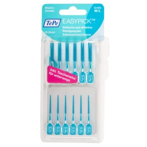 A pack of 36 blue TePe EasyPick interdental brushes, size medium/large, designed for easy and effective cleaning between teeth to maintain fresh and healthy oral hygiene, even on the go.