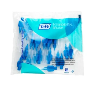 A pack of 25 blue TePe interdental brushes with plastic coated wires and an ergonomic handle, designed for cleaning between teeth with improved access and durability.