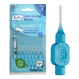A pack of eight blue TePe interdental brushes for cleaning between closely spaced teeth and maintaining optimal oral hygiene.
