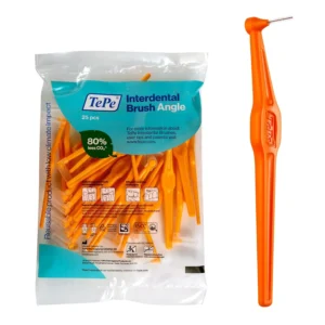 A pack of 25 Tepe Angle orange interdental brushes with plastic coated wire and a pre-angled brush head for cleaning between teeth.