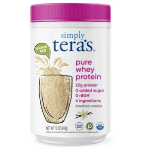 Teraswhey bourbon vanilla whey protein powder made with grass-fed whey and naturally sweetened with stevia.