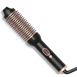 The TERRIFI curling brush is a 1.5-inch ionic thermal round brush with an LCD display and adjustable temperature settings for creating curls, volume, and smooth, shiny hair.