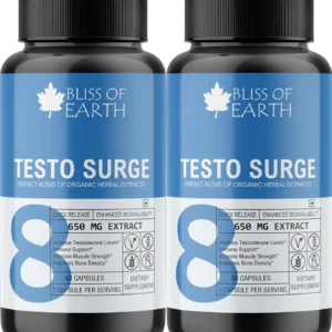 Bliss of Earth Testo-Surge natural testo booster for men with Shilajit extract and 20 herbal extracts to increase stamina and strength.