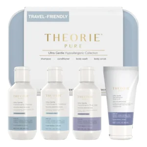 Theorie Pure travel size set including shampoo, conditioner, body wash and scrub formulated with aloe vera, botanical oils and micro pumice for gentle, fragrance-free and ethical hair and skin care.