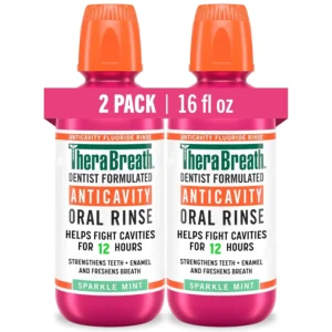 Two bottles of TheraBreath Sparkle Mint mouthwash help fight cavities for 24 hours, prevent tooth decay, and strengthen teeth with a dentist-formulated, alcohol-free formula.