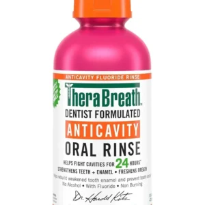 A bottle of TheraBreath Healthy Smile Rinse in Sparkle Mint flavor, containing 16 ounces of mouthwash for a healthy smile.