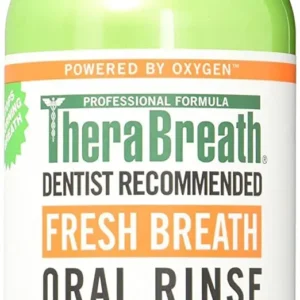 A 16 oz bottle of TheraBreath Oral Rinse is shown with its dosage cap.