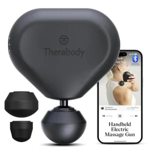 Black Theragun Mini massage gun by Therabody, a travel-sized device for percussive therapy and effective relief from muscle aches, tension, and stress, featuring an ergonomic grip and included attachments.