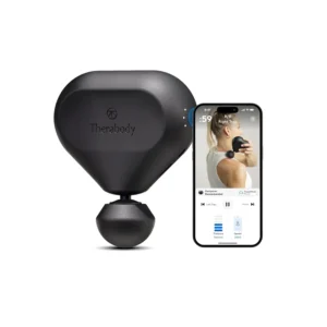 The black Theragun Mini provides ultra-portable percussive massage therapy with three attachment options, offering powerful relief with QuietForce Technology and a long-lasting battery.