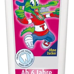 Three tubes of Theramed Junior strawberry flavored toothpaste for children aged 6 years and over, containing fluoride and calcium for strong teeth.