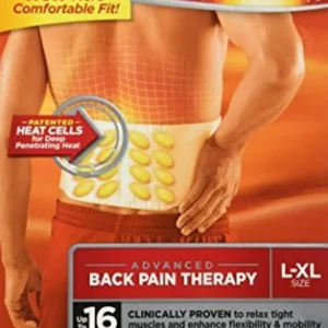 Two ThermaCare lower back and hip heat wraps in a box, offering up to 16 hours of therapeutic pain relief for tight muscles.