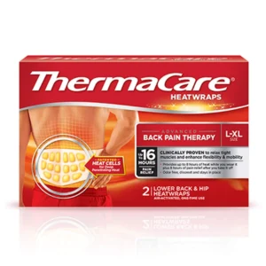 This image shows Thermacare lower back and hip heat wraps in L-XL size, designed for comfort and convenience, and arriving in proper packaging with a compact construction.